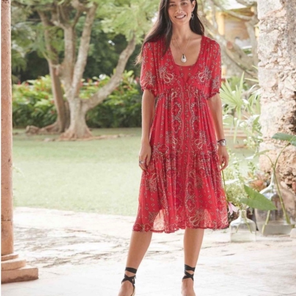 Sundance Briela Red Bandana Paisley Boho Tiered Midi Dress-size M
